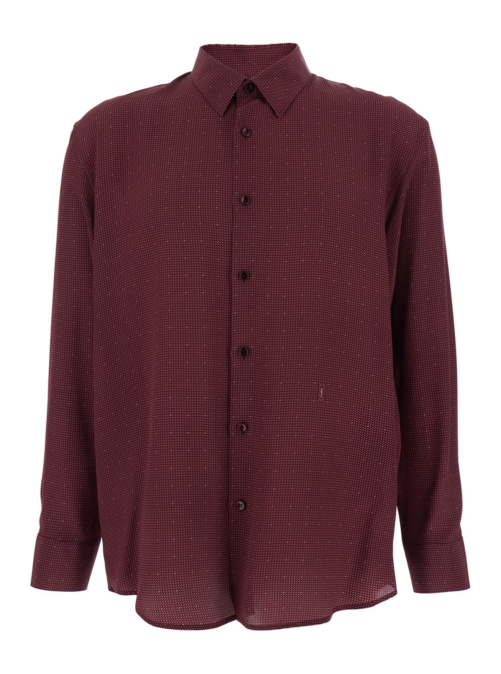 SAINT LAURENT Saint Laurent Men Bordeaux Long-Sleeved Shirt With Classic Collar And Micro Polka Dot Pattern In Silk For Men