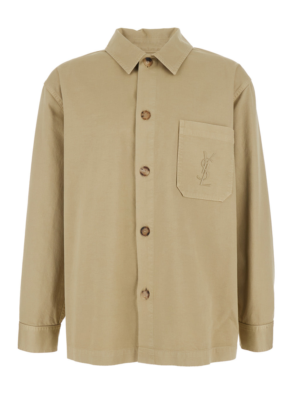 Saint Laurent Men Beige Shirt With Classic Collar And Cassandre Embroidery On The Front In Cotton For Men