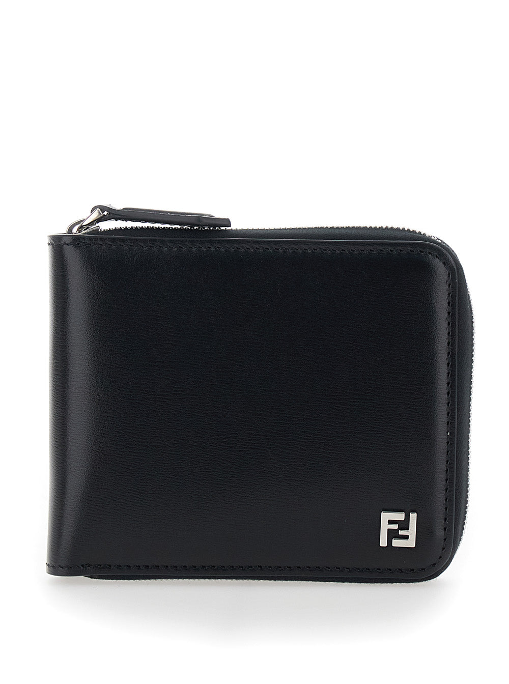 Fendi Men Black Card Holder With Zip Closure And Front Logo In Leather For Men