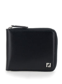 Fendi Men Black Card Holder With Zip Closure And Front Logo In Leather For Men