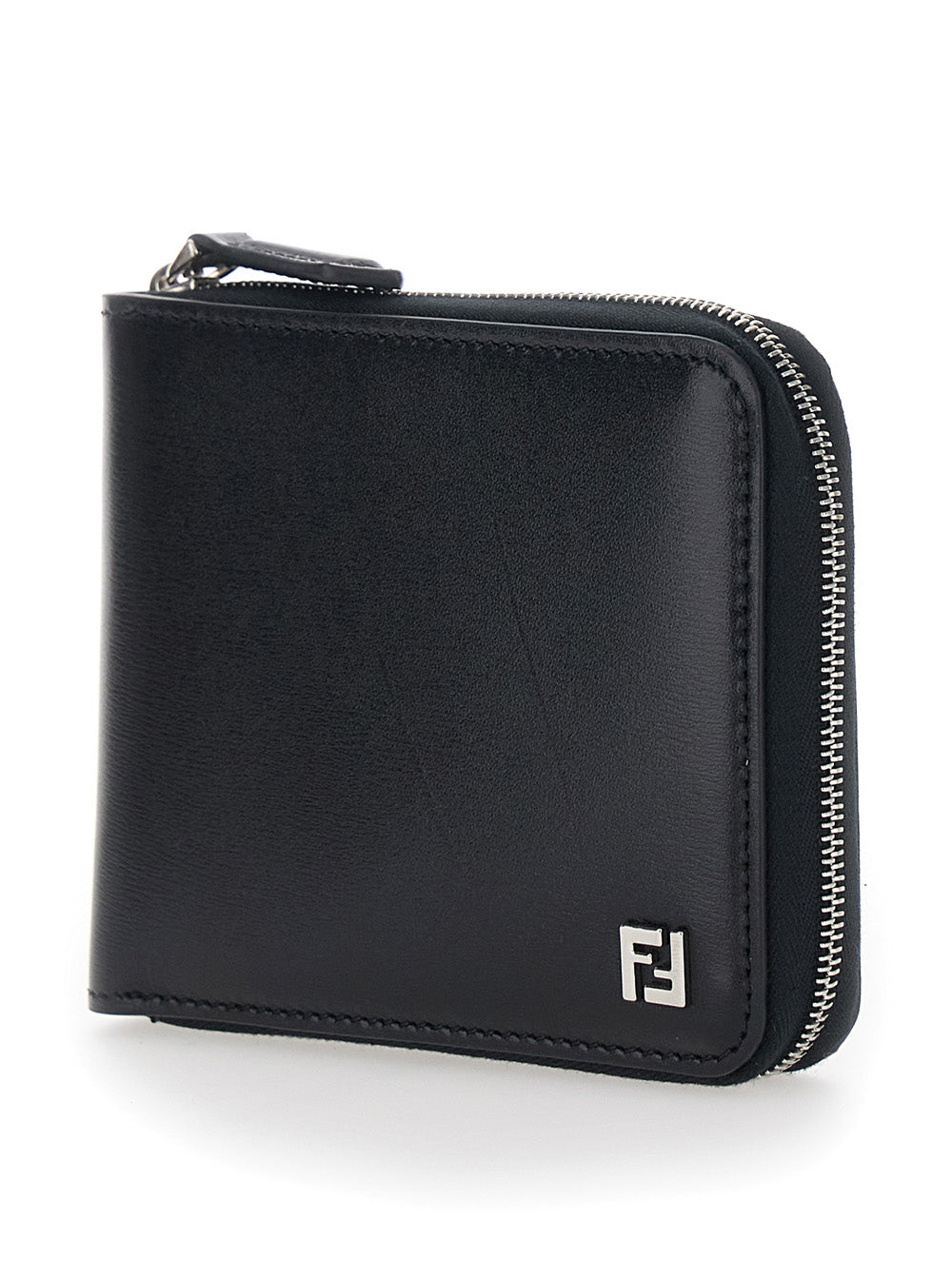 Fendi Men Black Card Holder With Zip Closure And Front Logo In Leather For Men