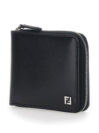 Fendi Men Black Card Holder With Zip Closure And Front Logo In Leather For Men