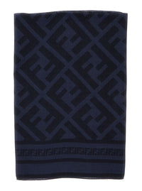 Fendi Men Blue Scarf With Ff Motif All-Over In Wool And Silk Blend For Men