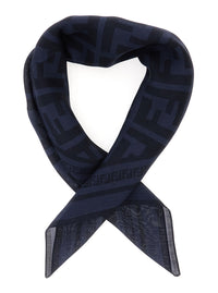 Fendi Men Blue Scarf With Ff Motif All-Over In Wool And Silk Blend For Men