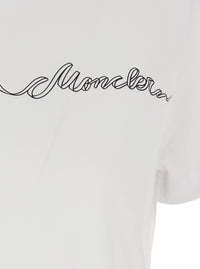 Moncler Women White Crew Neck T-Shirt With Logo Print On The Front In Cotton For Women