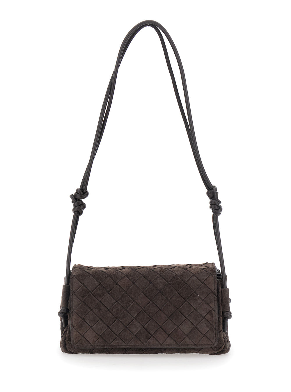 BOTTEGA VENETA Bottega Veneta Women 'Notturno' Brown Crossbody Bag With All-Over Intreccio Motif And Knot Detail Strap In Suede For Women
