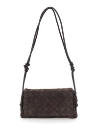 BOTTEGA VENETA Bottega Veneta Women 'Notturno' Brown Crossbody Bag With All-Over Intreccio Motif And Knot Detail Strap In Suede For Women