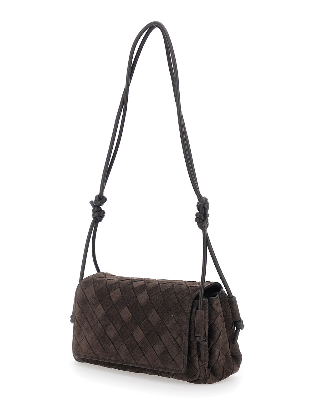 BOTTEGA VENETA Bottega Veneta Women 'Notturno' Brown Crossbody Bag With All-Over Intreccio Motif And Knot Detail Strap In Suede For Women