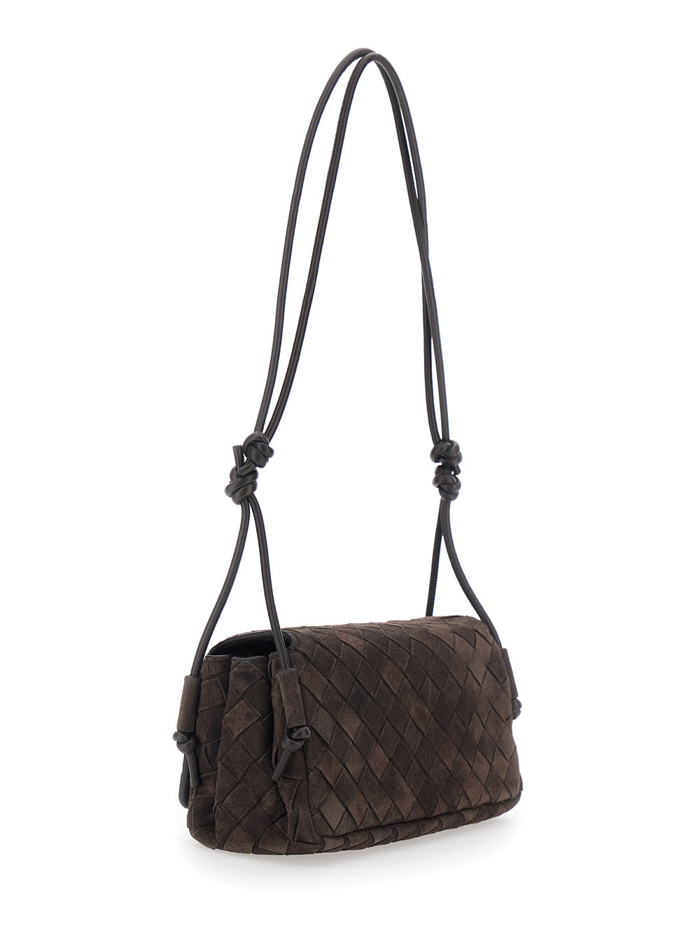 BOTTEGA VENETA Bottega Veneta Women 'Notturno' Brown Crossbody Bag With All-Over Intreccio Motif And Knot Detail Strap In Suede For Women