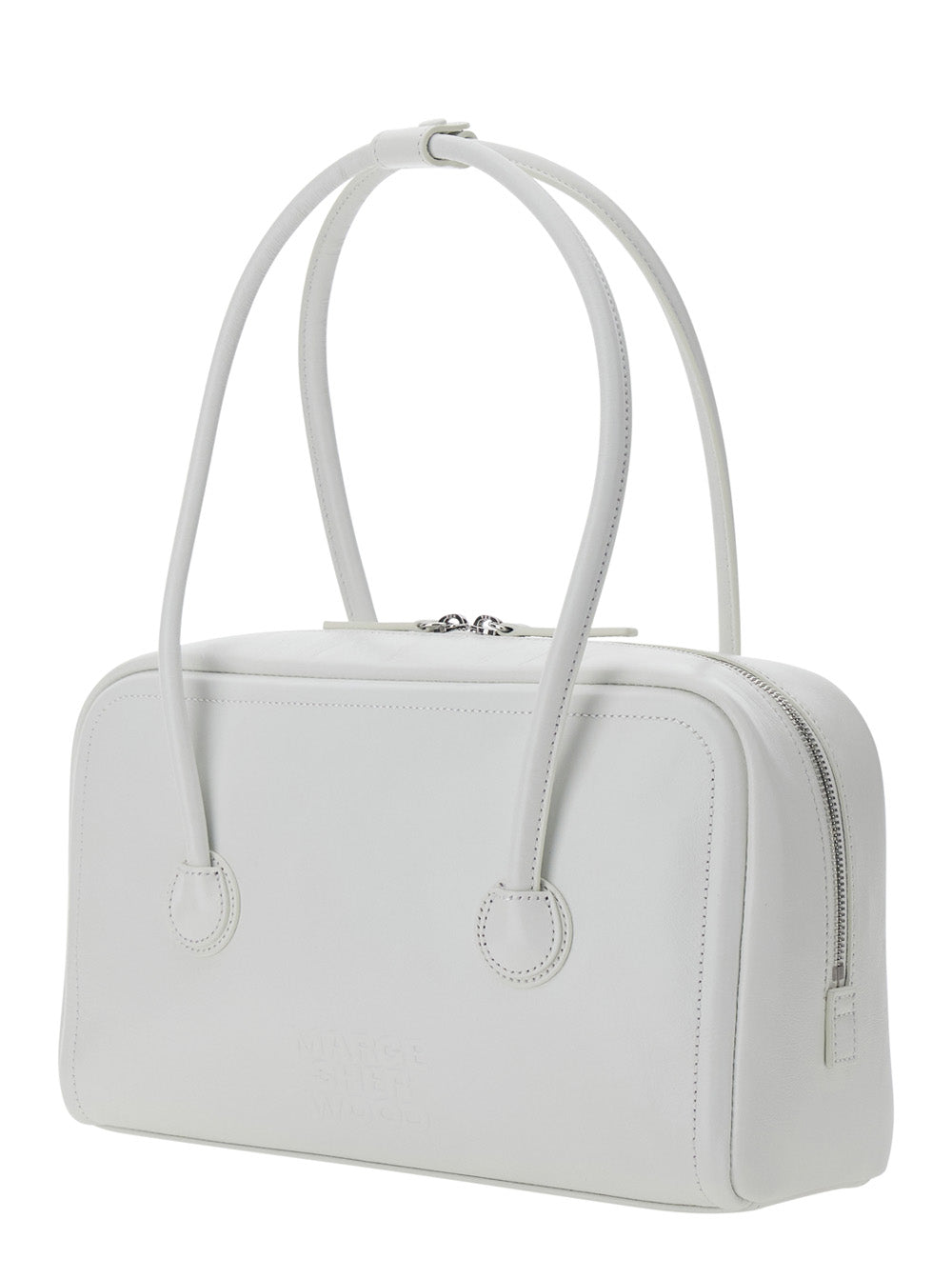 Margesherwood Women 'Soft Boston' White Small Shoulder Bag With Logo Lettering On The Front In Leather For Women