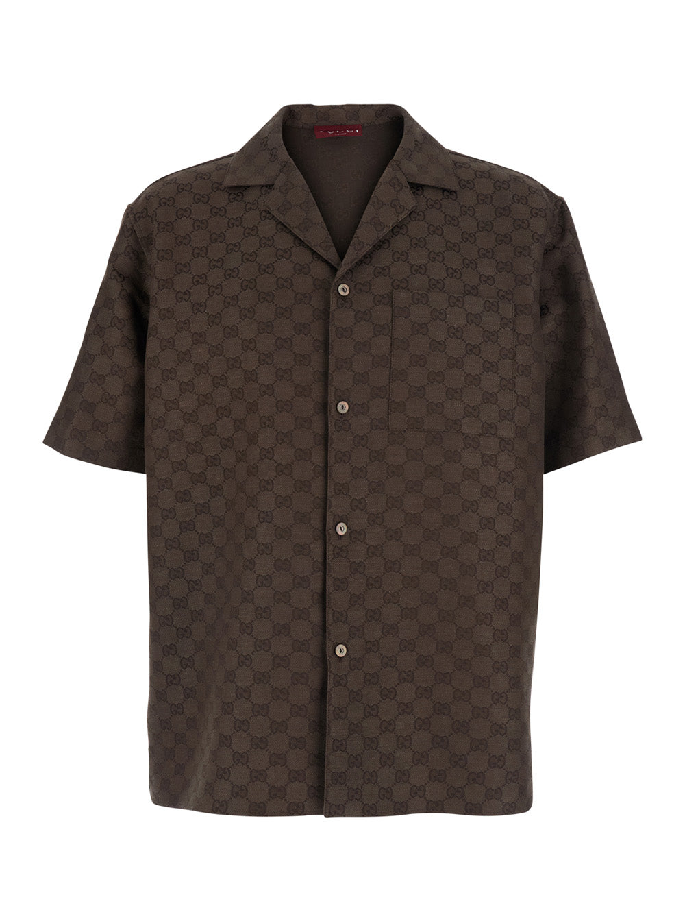 Gucci Men Brown Bowling Shirt With Peak Collar And All-Over Gg Motif In Linen Blend For Men