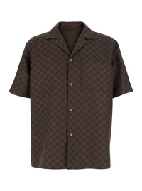 Gucci Men Brown Bowling Shirt With Peak Collar And All-Over Gg Motif In Linen Blend For Men