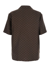 Gucci Men Brown Bowling Shirt With Peak Collar And All-Over Gg Motif In Linen Blend For Men