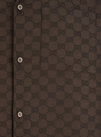 Gucci Men Brown Bowling Shirt With Peak Collar And All-Over Gg Motif In Linen Blend For Men