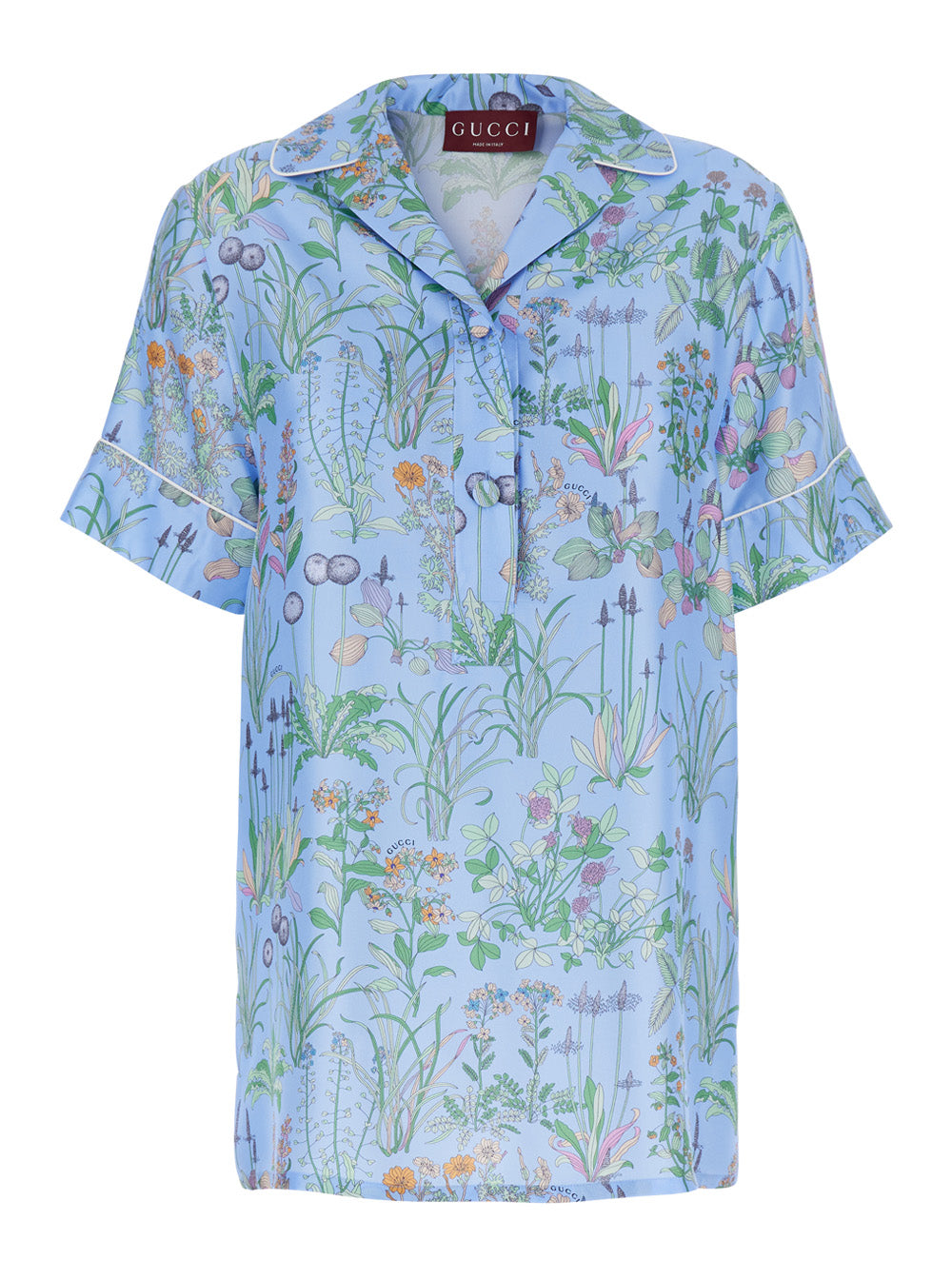 Gucci Women Blue Shirt With Cuban Collar And All-Over Floral Print In Silk Woman
