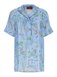 Gucci Women Blue Shirt With Cuban Collar And All-Over Floral Print In Silk Woman
