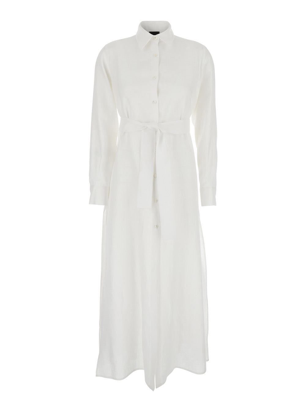 Leplain Women Dress With Classic Collar And Adjustable Belt In White Linen For Women