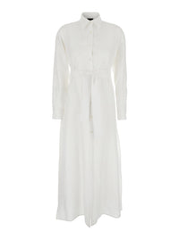Leplain Women Dress With Classic Collar And Adjustable Belt In White Linen For Women