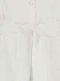 Leplain Women Dress With Classic Collar And Adjustable Belt In White Linen For Women