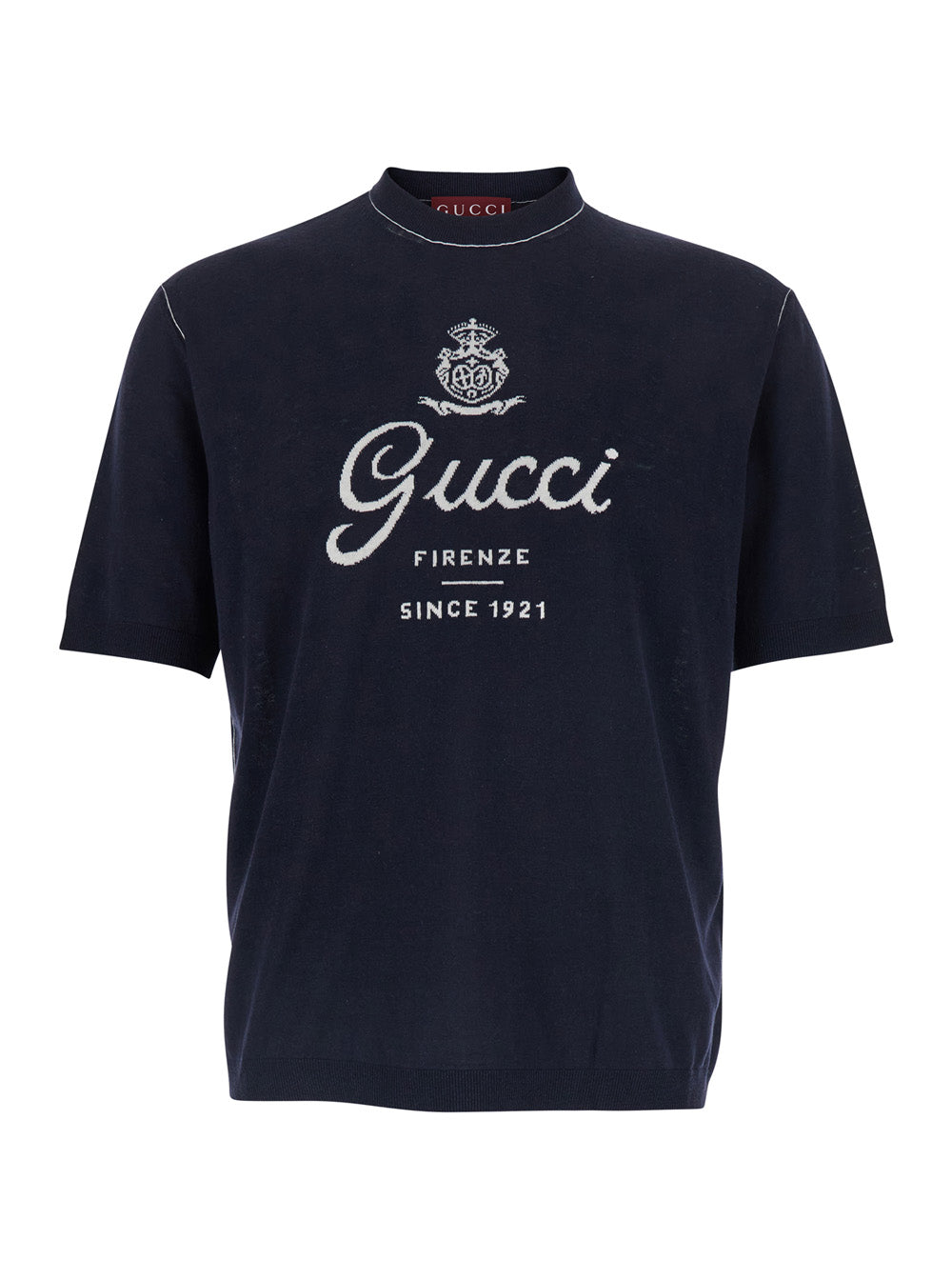 Gucci Men Blue Round Neck Sweater With Logo Lettering On The Front In Wool For Men