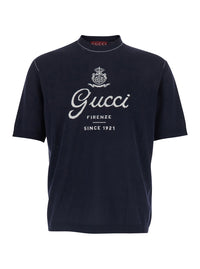 Gucci Men Blue Round Neck Sweater With Logo Lettering On The Front In Wool For Men