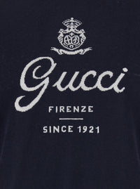 Gucci Men Blue Round Neck Sweater With Logo Lettering On The Front In Wool For Men
