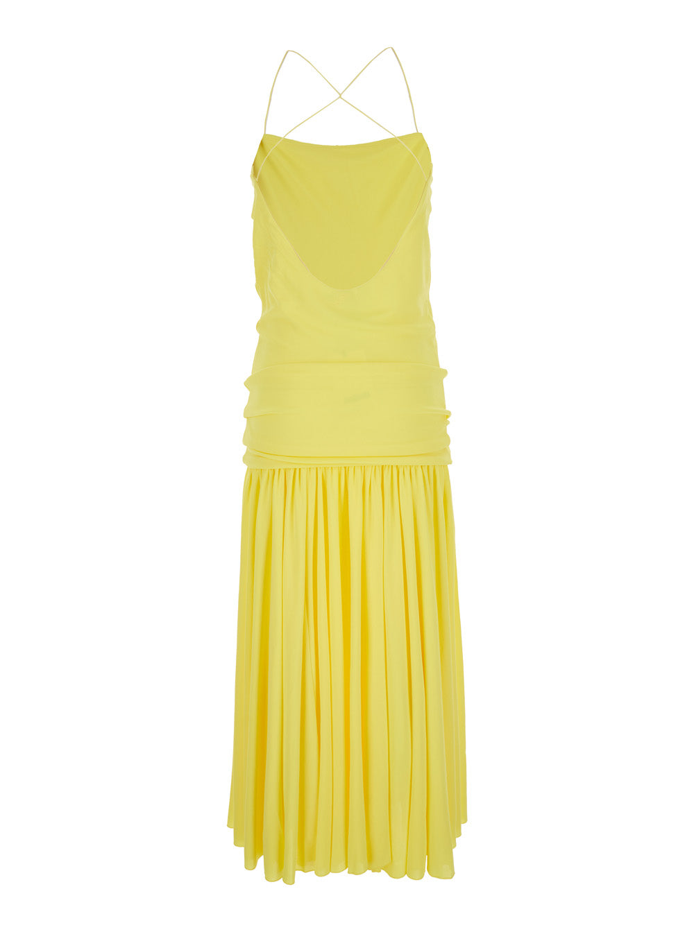 Jacquemus Women Yellow Dress With Straight Neckline And Gathered Waist In Tech Fabric For Women