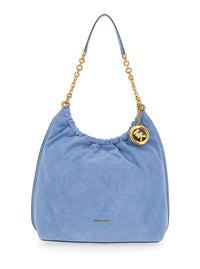 Michael Michael Kors Women 'Indie Large' Light Blue Shoulder Bag With Chain Strap And Logo Plate On The Front In Suede Women
