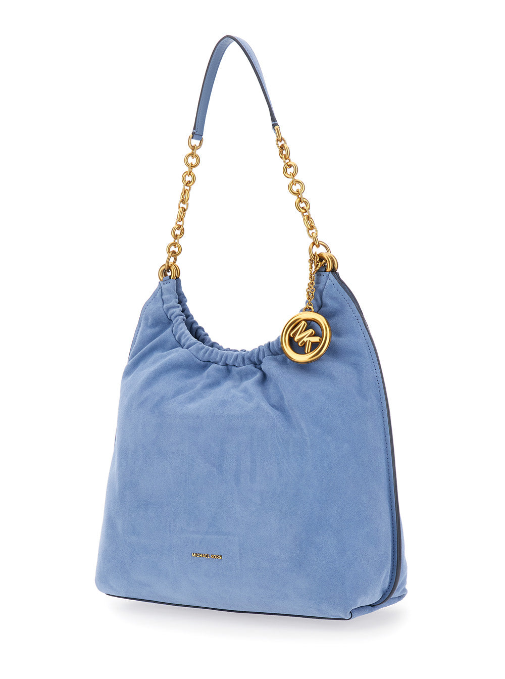 Michael Michael Kors Women 'Indie Large' Light Blue Shoulder Bag With Chain Strap And Logo Plate On The Front In Suede Women