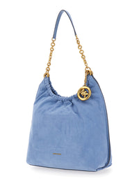 Michael Michael Kors Women 'Indie Large' Light Blue Shoulder Bag With Chain Strap And Logo Plate On The Front In Suede Women