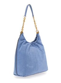 Michael Michael Kors Women 'Indie Large' Light Blue Shoulder Bag With Chain Strap And Logo Plate On The Front In Suede Women