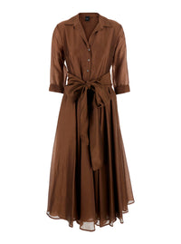 Leplain Women Brown Long Dress With Adjustable Waist Belt And Cuban Collar In Fabric Woman
