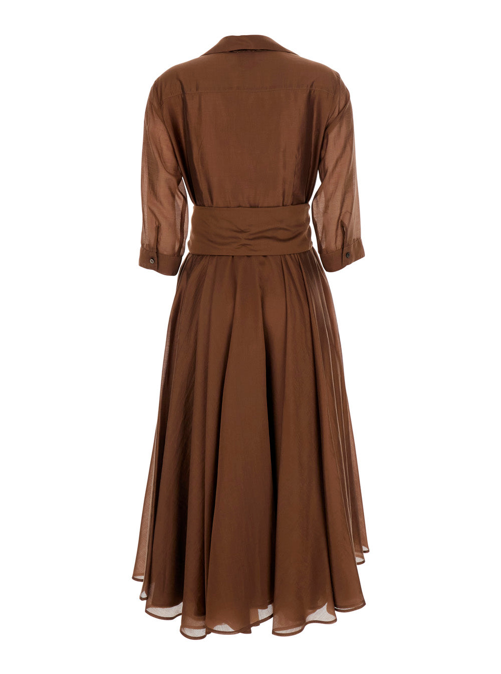 Leplain Women Brown Long Dress With Adjustable Waist Belt And Cuban Collar In Fabric Woman