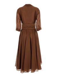 Leplain Women Brown Long Dress With Adjustable Waist Belt And Cuban Collar In Fabric Woman