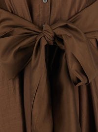 Leplain Women Brown Long Dress With Adjustable Waist Belt And Cuban Collar In Fabric Woman