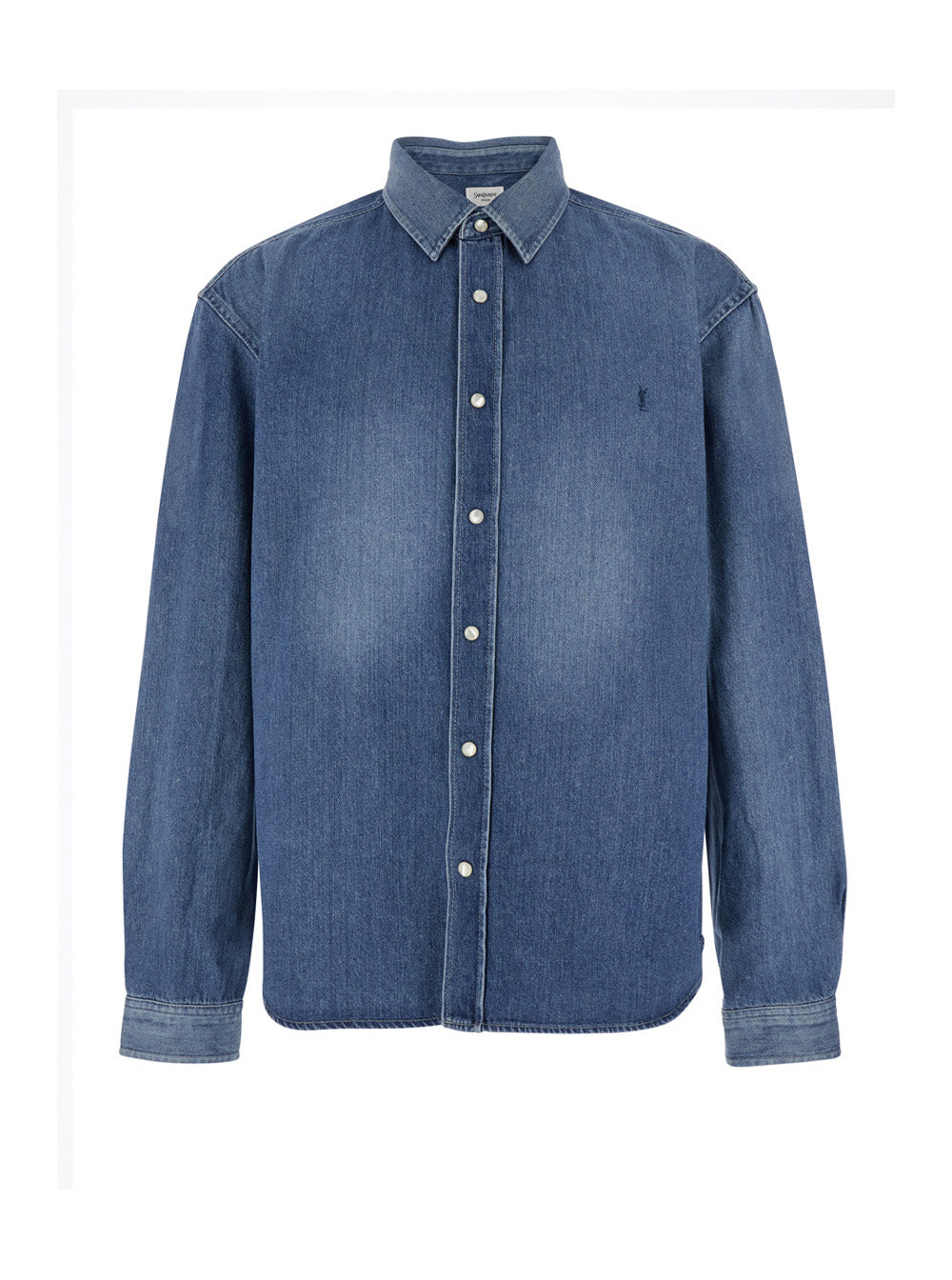 Saint Laurent Men Blue Denim Long Sleeve Shirt With Front Logo For Men