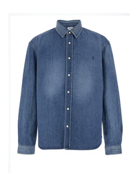 Saint Laurent Men Blue Denim Long Sleeve Shirt With Front Logo For Men