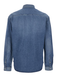 Saint Laurent Men Blue Denim Long Sleeve Shirt With Front Logo For Men