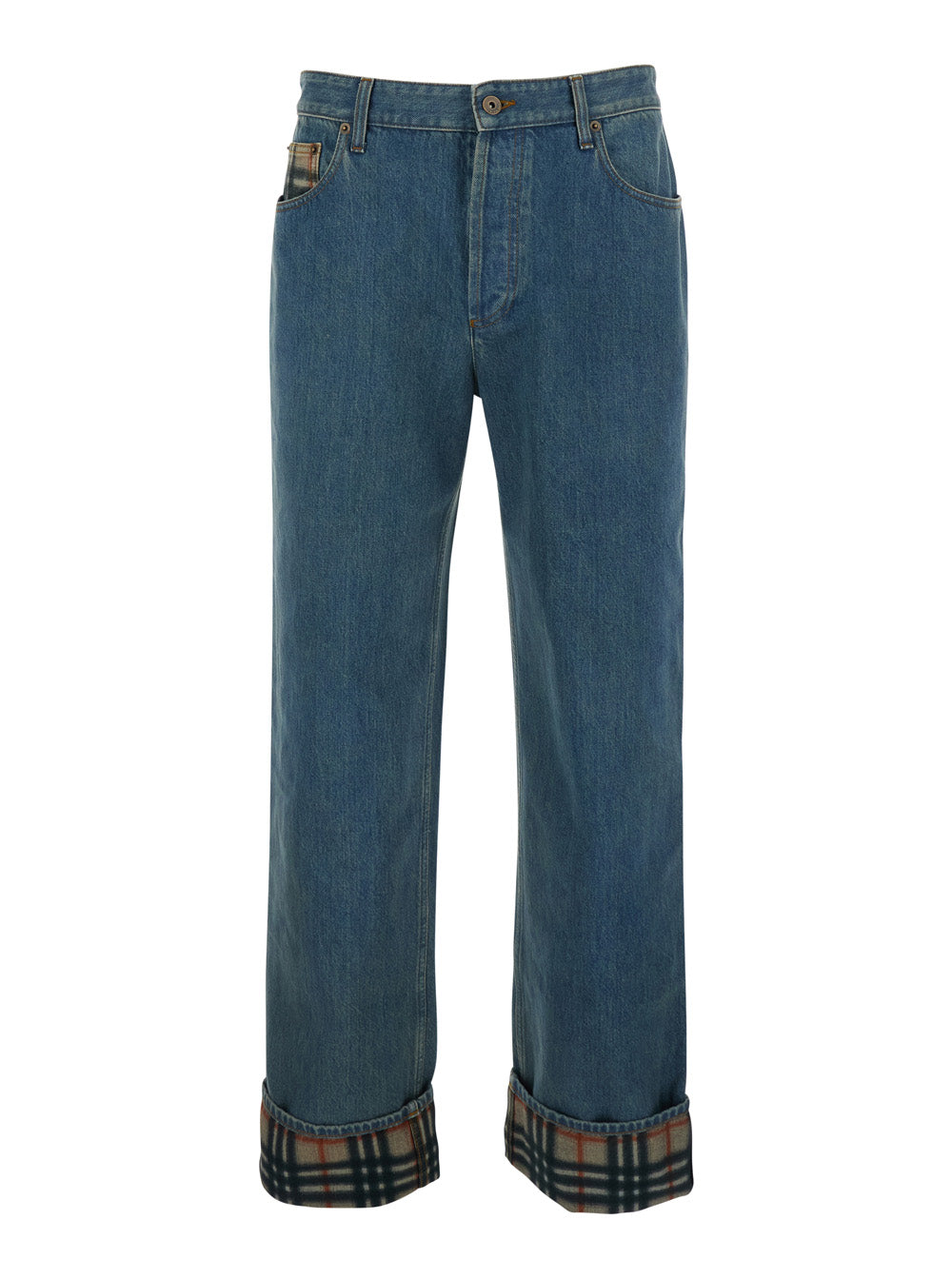 Burberry Men 'Dexter' Blue Jeans With Stonewash Effect And Check Motif Hem In Denim For Men