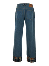 Burberry Men 'Dexter' Blue Jeans With Stonewash Effect And Check Motif Hem In Denim For Men