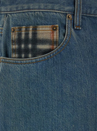 Burberry Men 'Dexter' Blue Jeans With Stonewash Effect And Check Motif Hem In Denim For Men