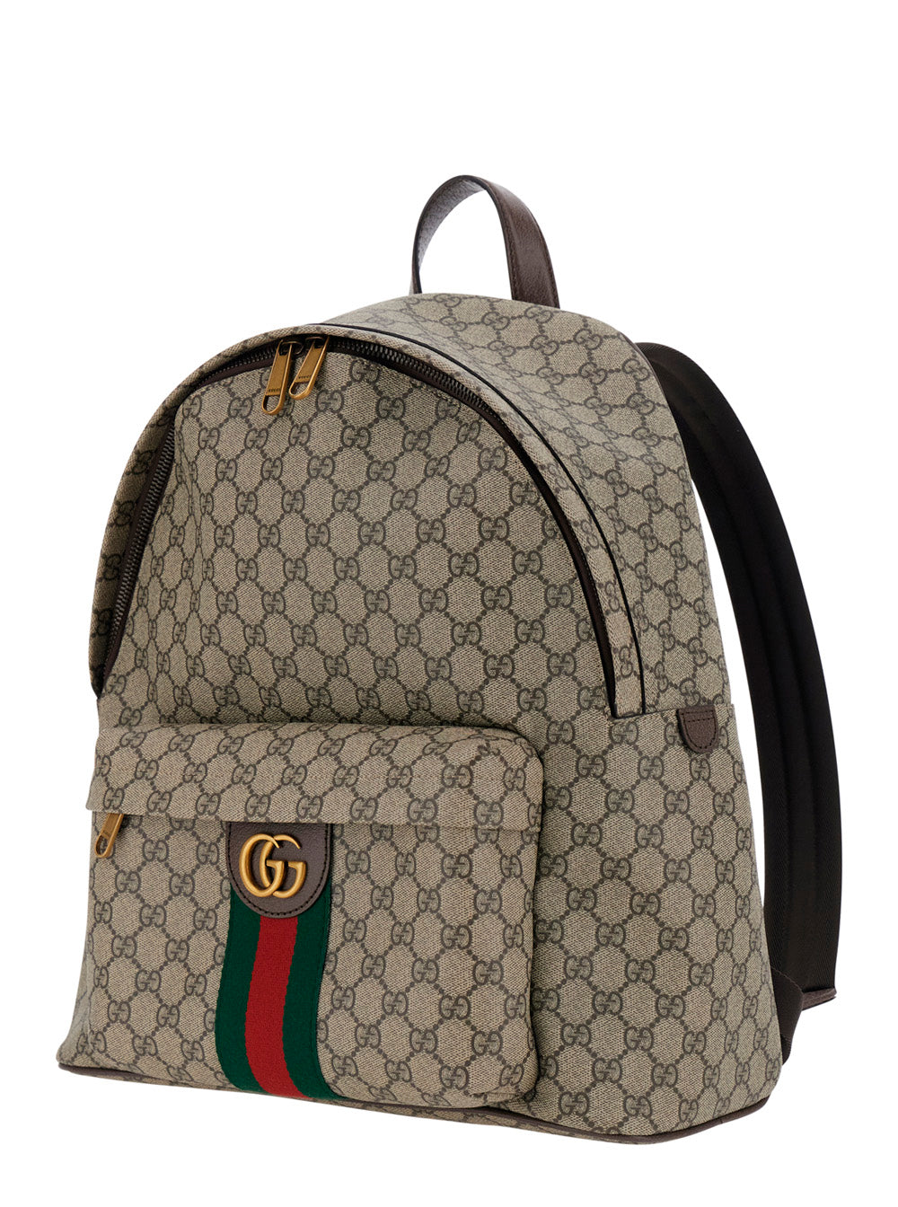 Gucci Men 'Ophidia' Beige Backpack With Gg Plate And Web Detail On The Front In Gg Canvas For Men