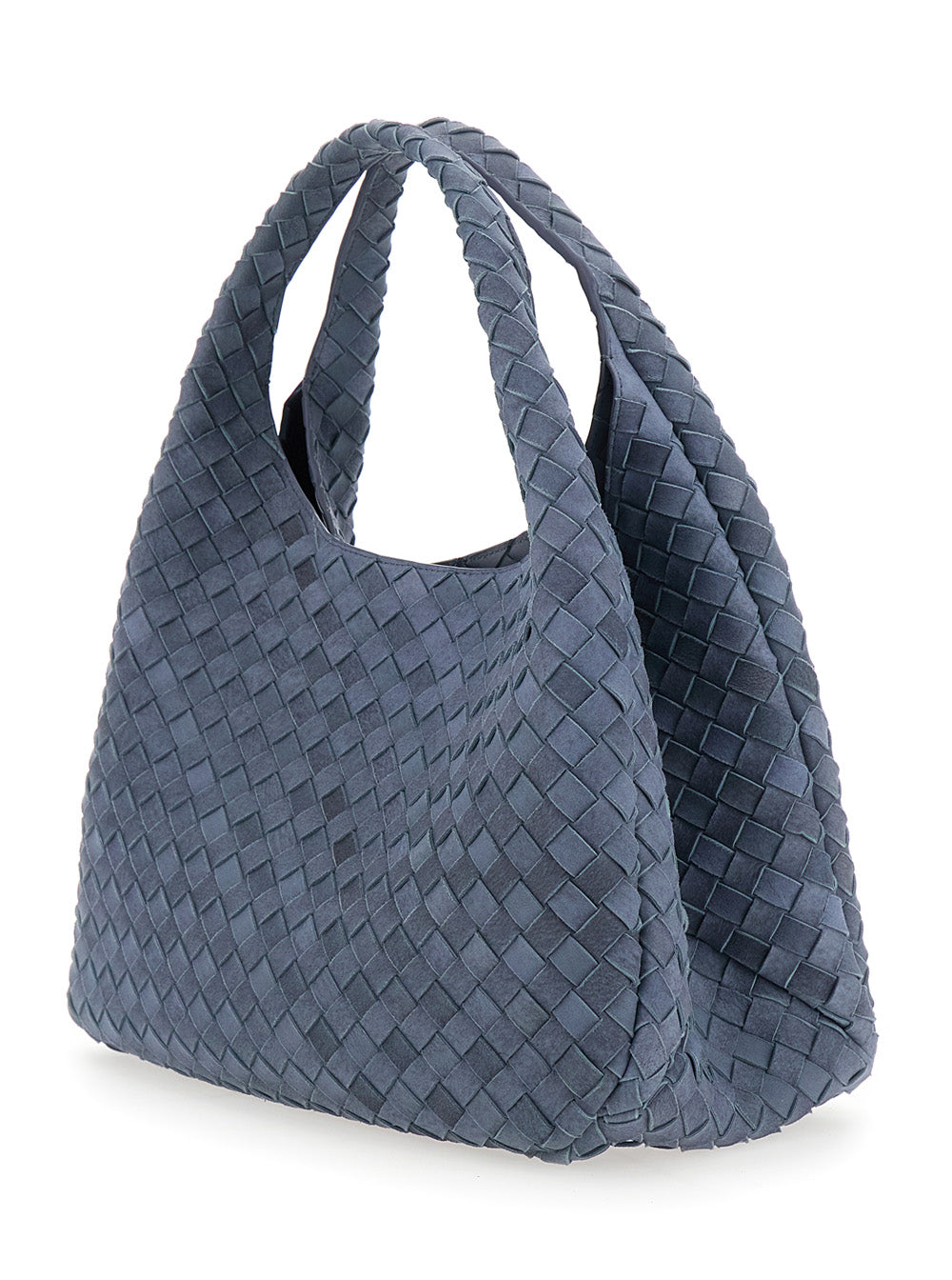 Bottega Veneta Women 'Campana' Blue Shoulder Bag With Drawstring Closure And Intreccio Motif In Suede For Women