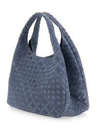 Bottega Veneta Women 'Campana' Blue Shoulder Bag With Drawstring Closure And Intreccio Motif In Suede For Women