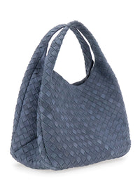 Bottega Veneta Women 'Campana' Blue Shoulder Bag With Drawstring Closure And Intreccio Motif In Suede For Women