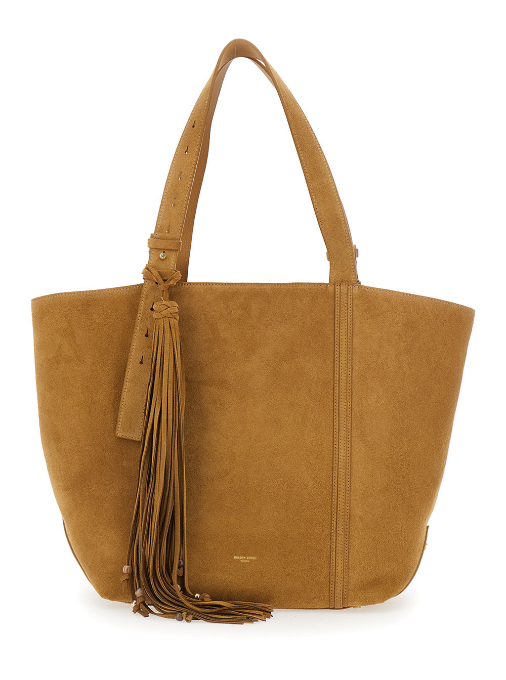 GOLDEN GOOSE Golden Goose Women '24/7' Brown Shopper With Logo On The Front And Fringes With Micro Metal Studs In Suede