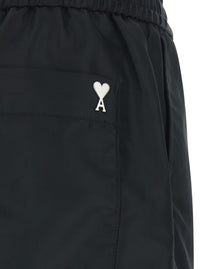 Ami Paris Men Black Shorts With Elastic Waist And Ami De Coeur Detail On The Back In Tech Fabric Man