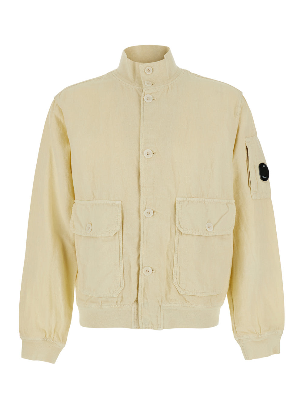 C.P. Company Men Beige Jacket With High Collar And Logo Plate On The Sleeve In Cotton And Linen Men
