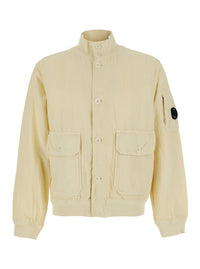 C.P. Company Men Beige Jacket With High Collar And Logo Plate On The Sleeve In Cotton And Linen Men