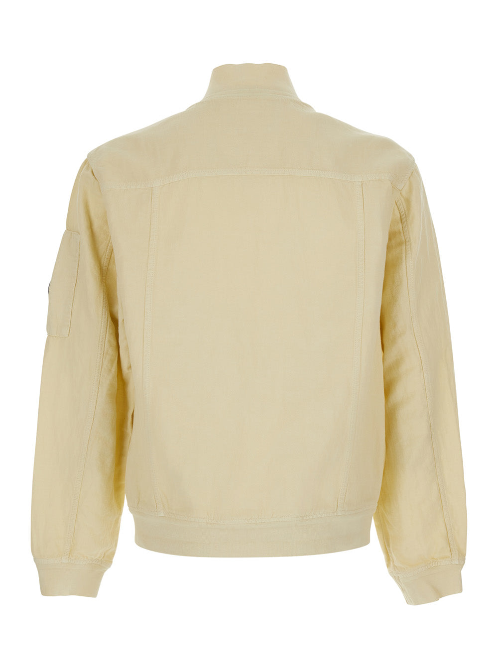 C.P. Company Men Beige Jacket With High Collar And Logo Plate On The Sleeve In Cotton And Linen Men